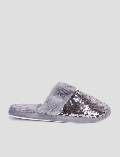 Chaussons mules sequins et fourrure gris femme