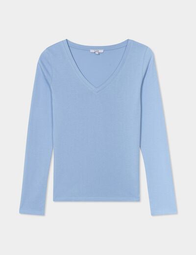 T-shirt col en V manches longues coton bleu clair femme
