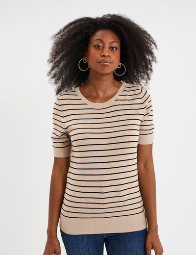 Pull manches courtes col rond beige femme