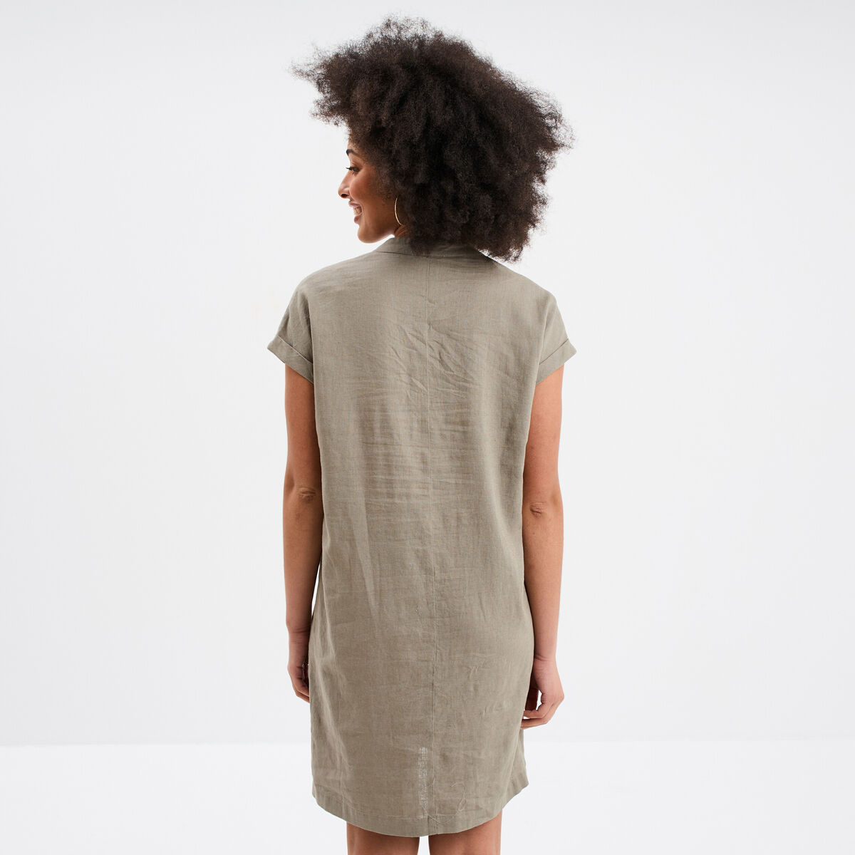 Robe manches courtes lin mélangé vert kaki femme
