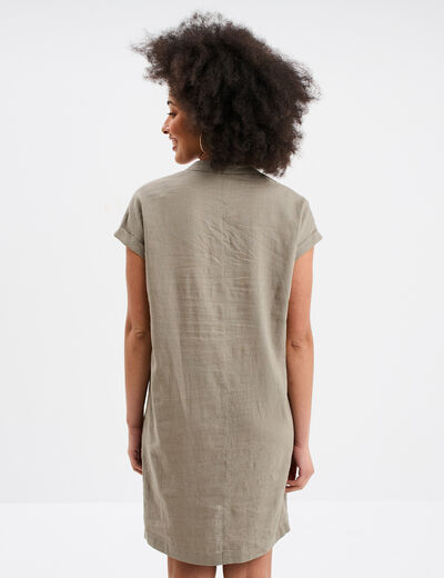 Robe manches courtes lin mélangé vert kaki femme
