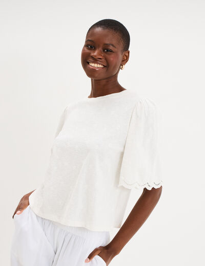 T-shirt brod&eacute; manches courtes coton blanc femme