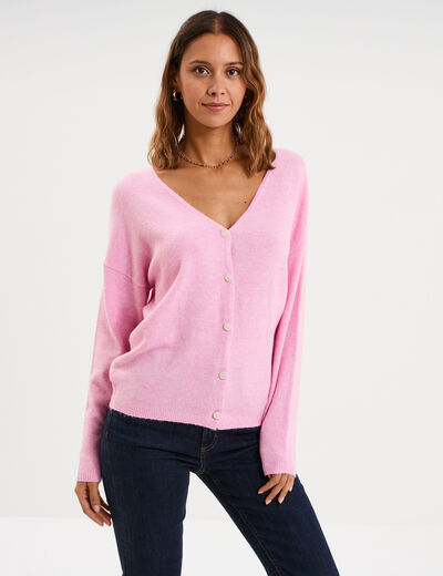 Gilet col en V manches longues rose femme