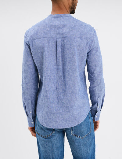 Chemise col mao lin mélangé bleu homme