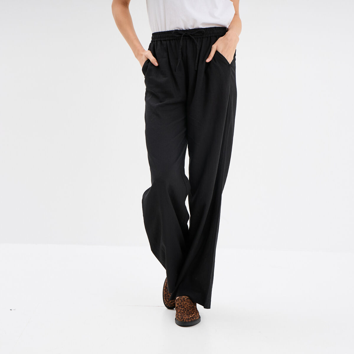 Pantalon large lin mélangé noir femme