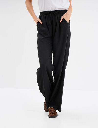 Pantalon large lin mélangé noir femme