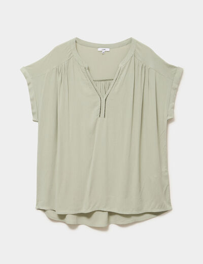 Blouse col en V manches courtes vert kaki femme grande taille