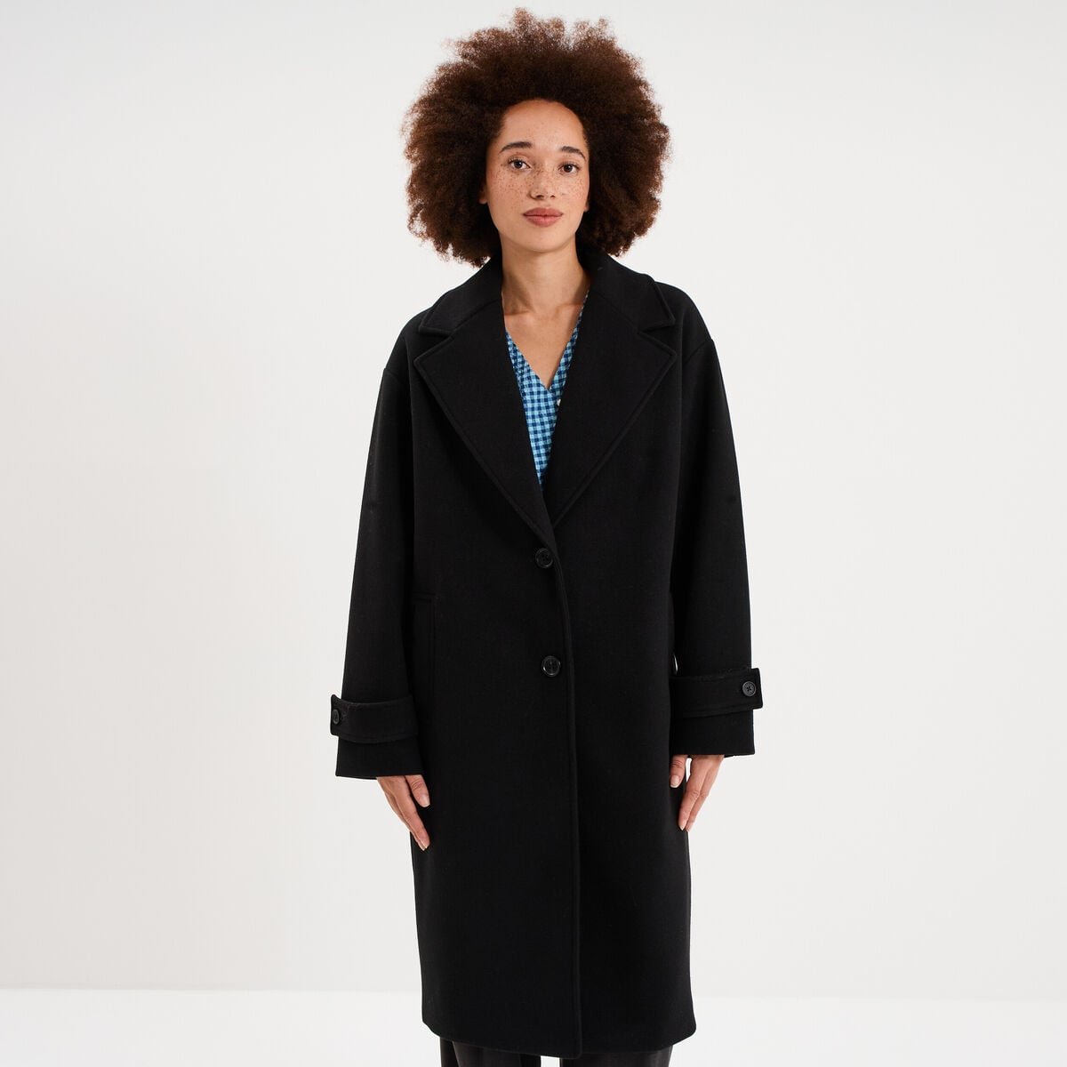 Manteau long oversize col tailleur noir femme