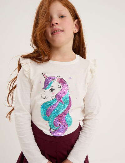 T-shirt à sequins manches longues coton ivoire fille
