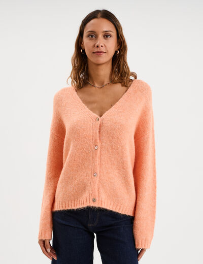 Gilet col en V manches longues rose corail femme