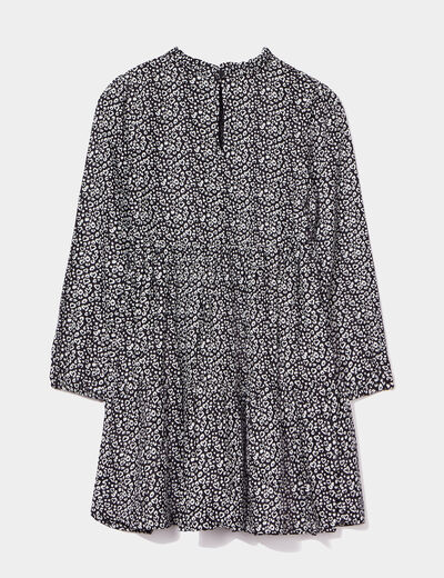 Robe trapèze col montant à volants noir fille
