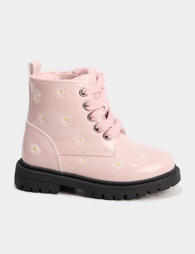 Bottines zipp&eacute;es vernies &agrave; broderie rose b&eacute;b&eacute; fille