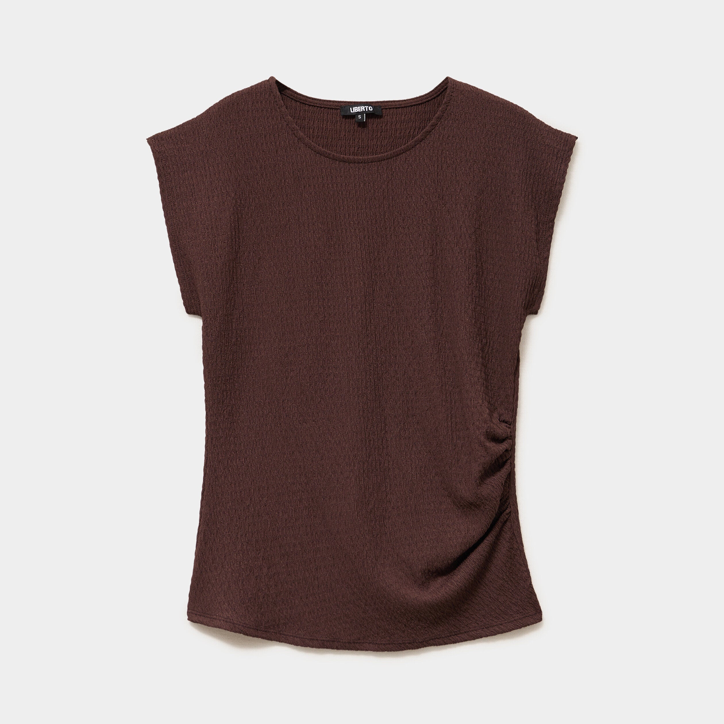T-shirt froncé gaufré manches courtes marron foncé femme LIBERTO