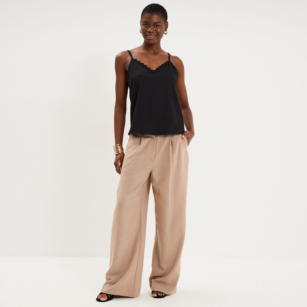 Pantalon large &agrave; pinces taille haute marron femme