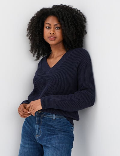 Pull col en V détails ajourés bleu foncé femme