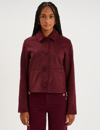 Veste courte effet su&eacute;dine boutonn&eacute;e violet fonc&eacute; femme