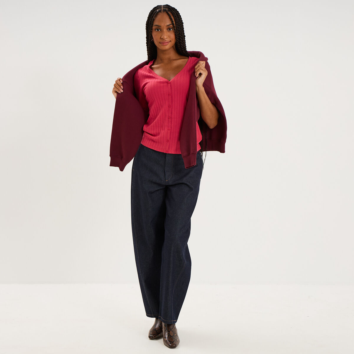 Blouse manches courtes col V dentelle rose cerise femme