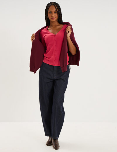 Blouse manches courtes col V dentelle rose cerise femme