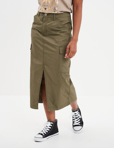 Jupe midi cargo coton Liberto vert kaki femme