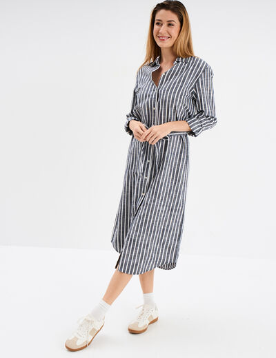 Robe chemise longue ceintur&eacute;e coton bleu marine femme