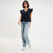 Blouse manches volants col en V coton bleu fonc&eacute; femme