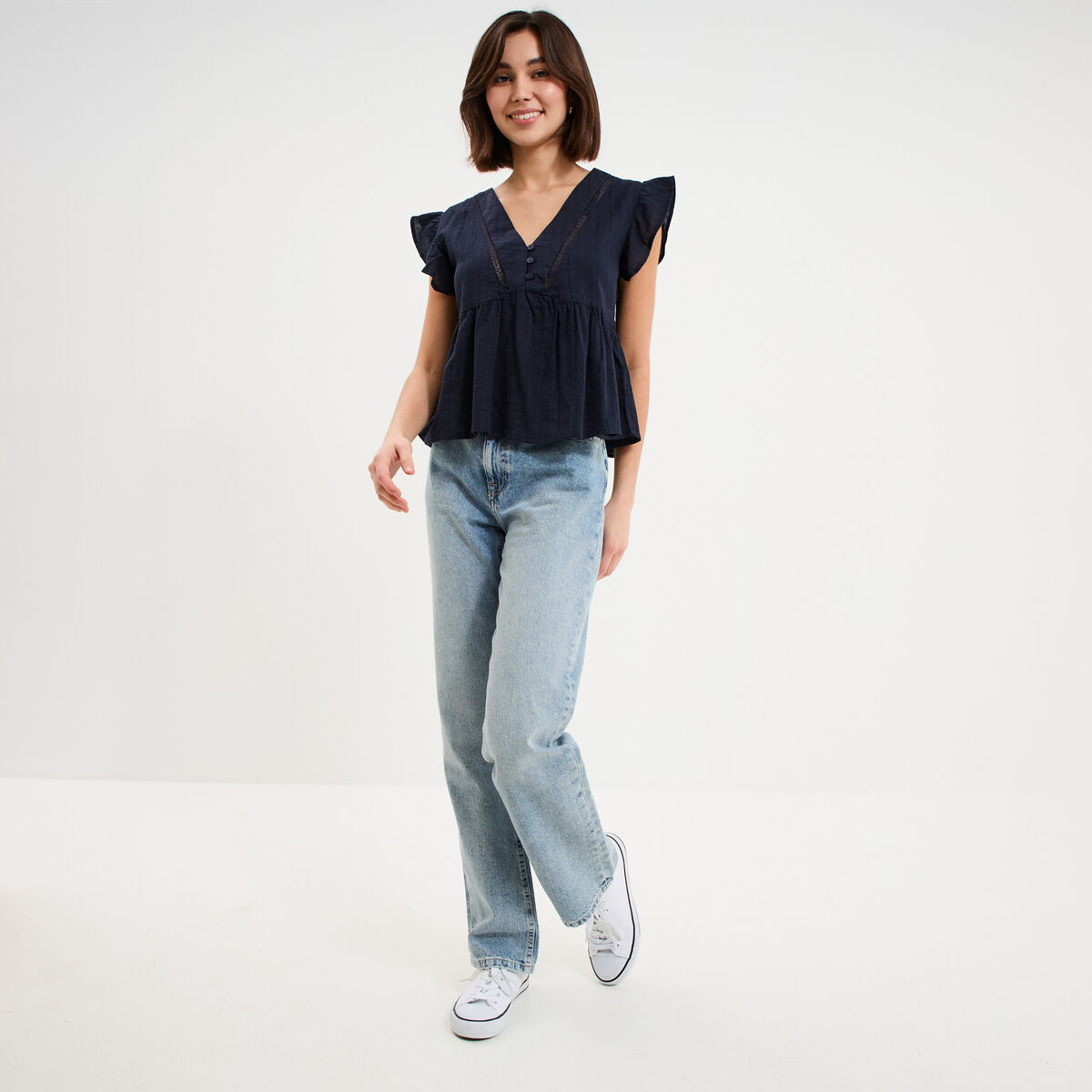 Blouse manches volants col en V coton bleu fonc&eacute; femme