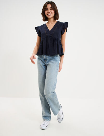 Blouse manches volants col en V coton bleu fonc&eacute; femme
