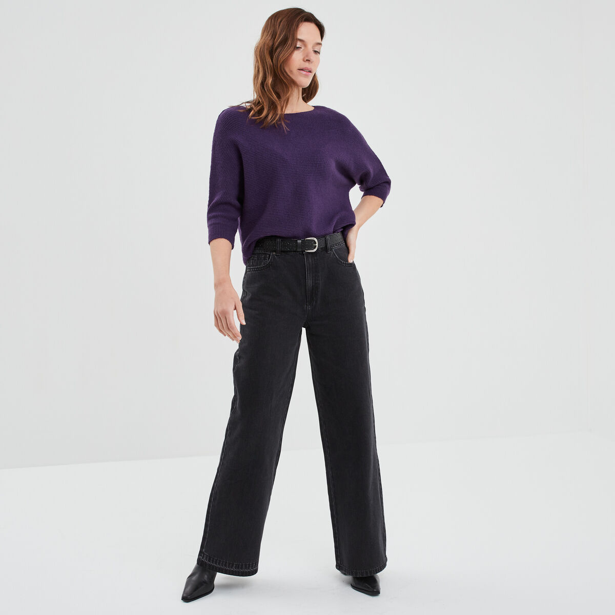 Pull manches 3/4 chauve-souris violet foncé femme