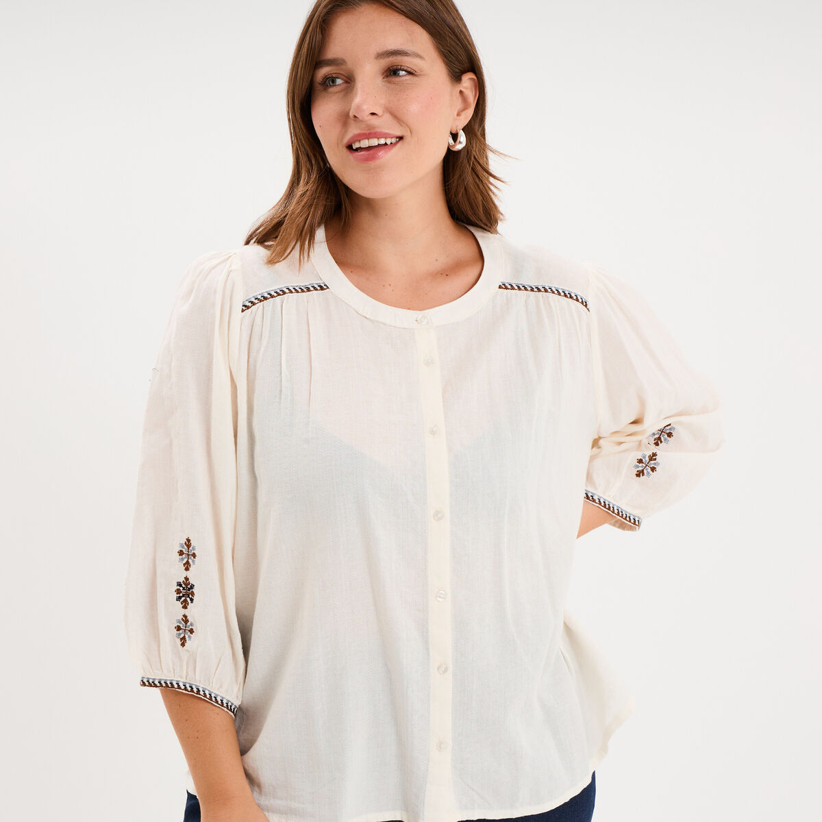 Blouse brod&eacute;e manches bouffantes 3/4 ecru femme grande taille