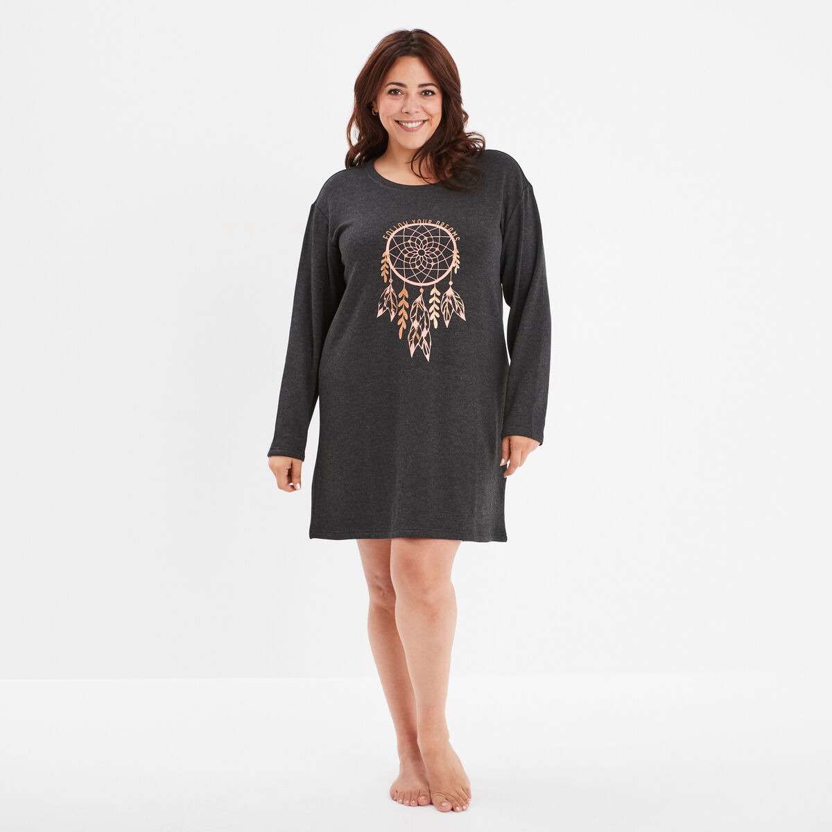 Chemise de nuit courte manches longues gris foncé femme grande taille