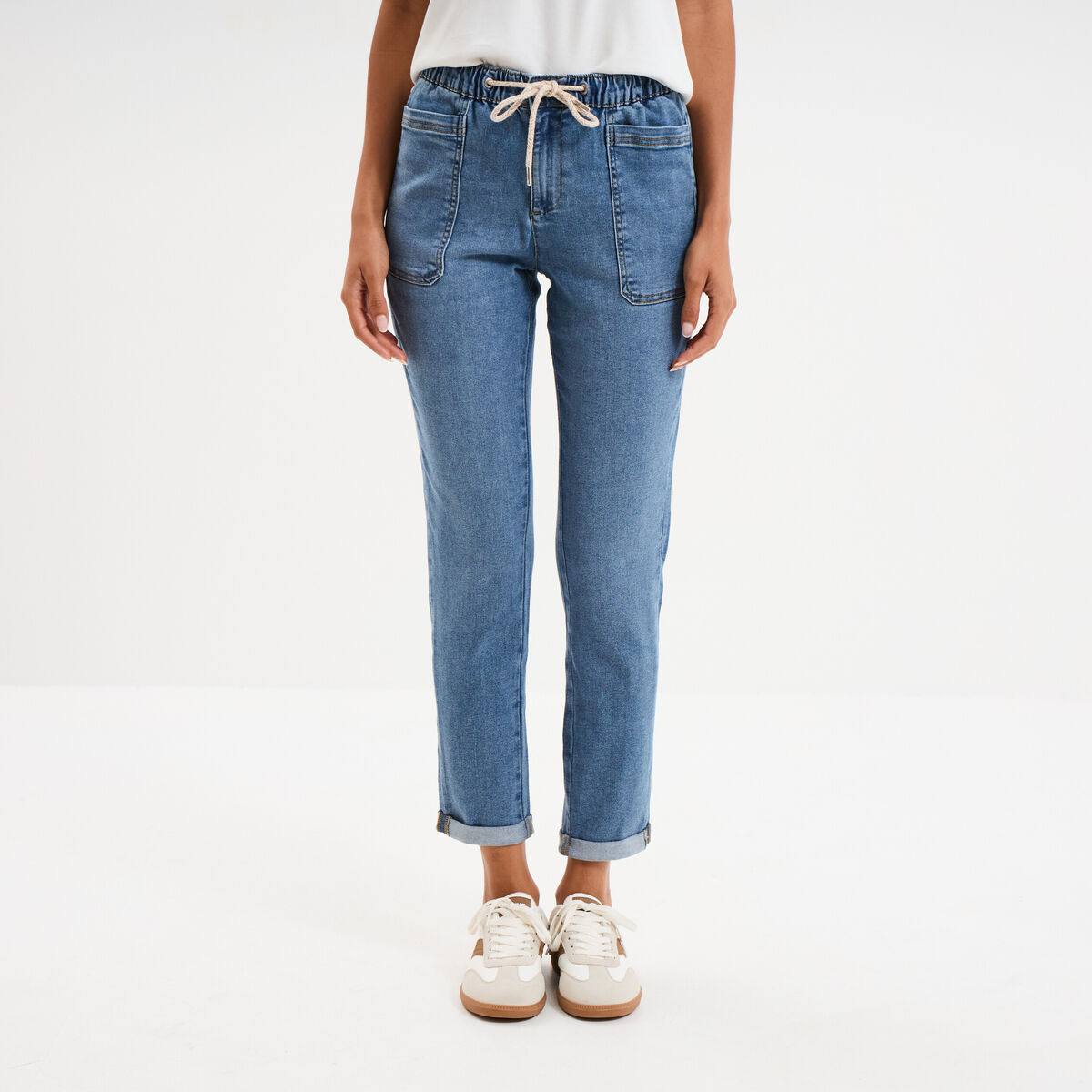Jeans droit taille élastiquée denim stone femme