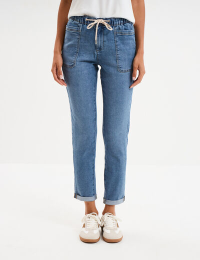 Jeans droit taille élastiquée denim stone femme