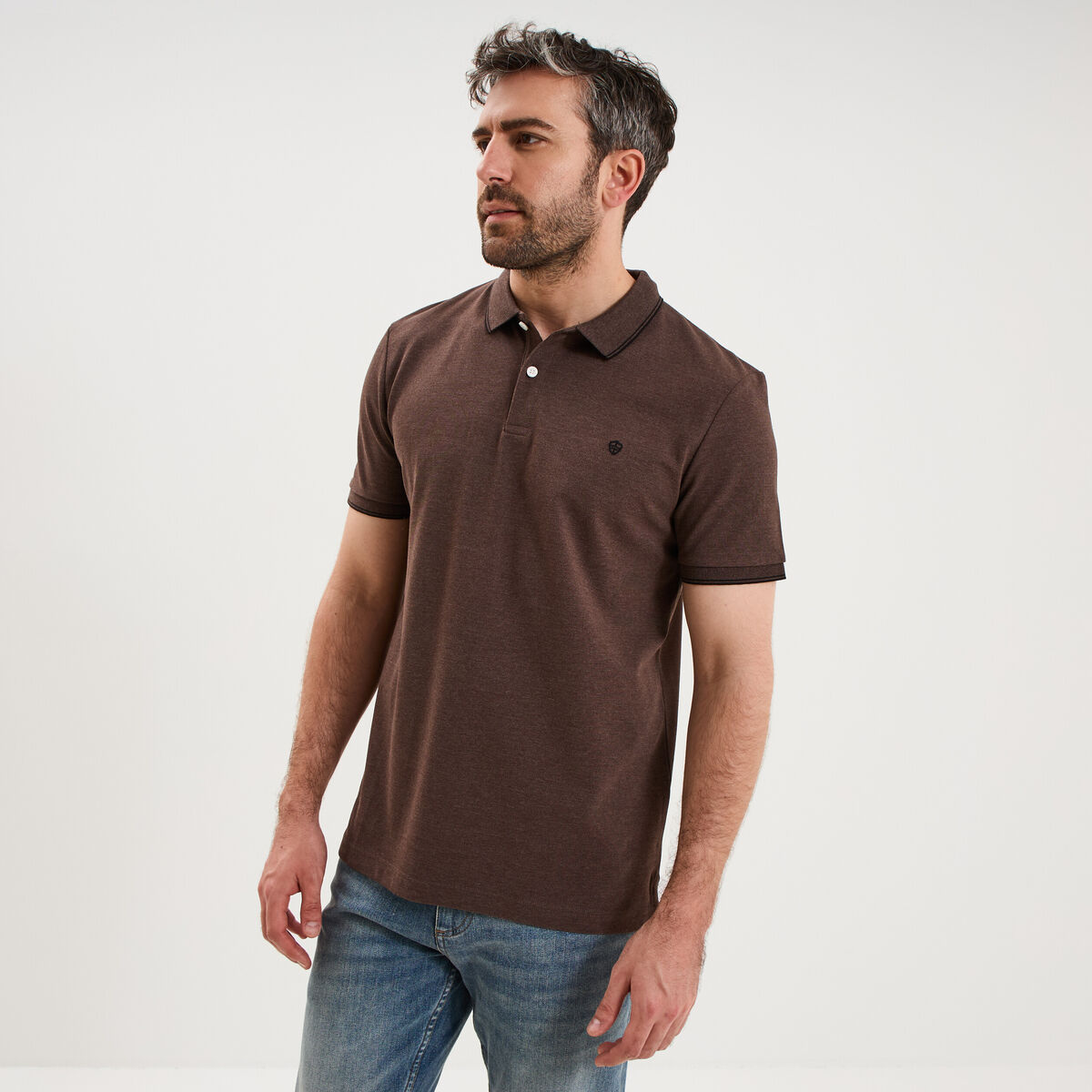 Polo piqu&eacute; coton manches courtes marron chocolat homme