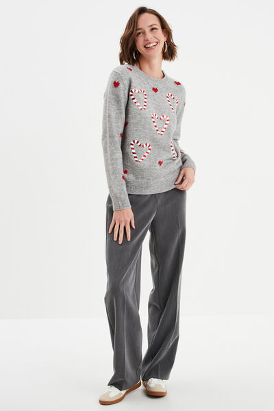 Pull No&euml;l avec sequins et col rond gris clair femme