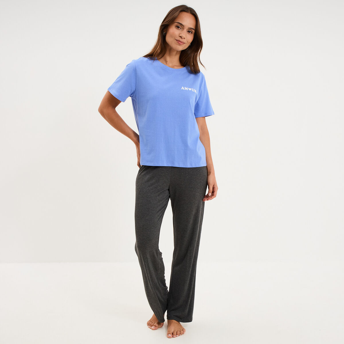T-shirt col rond manches courtes coton bleu lavande femme
