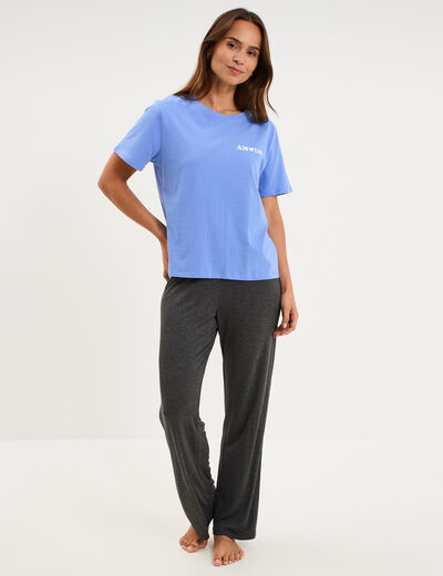 T-shirt col rond manches courtes coton bleu lavande femme