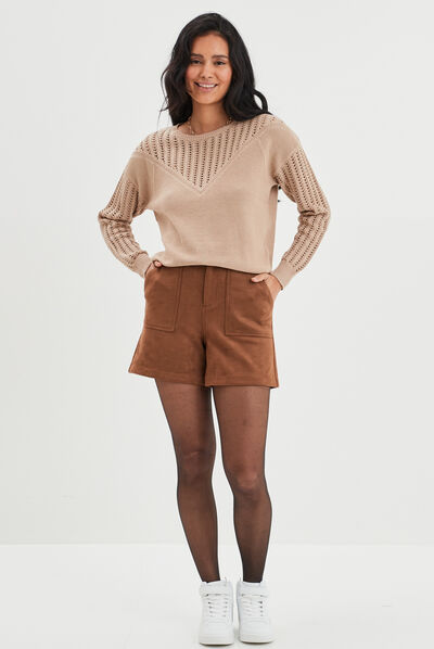 Pull ajouré col et manches Liberto beige femme