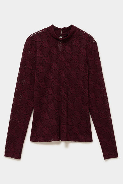 Blouse dentelle col montant violet fonc&eacute; femme