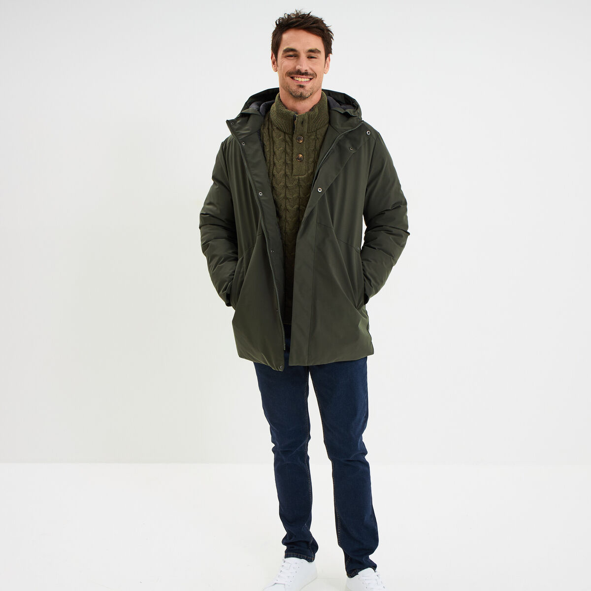 Parka mi-longue &agrave; capuche vert kaki homme