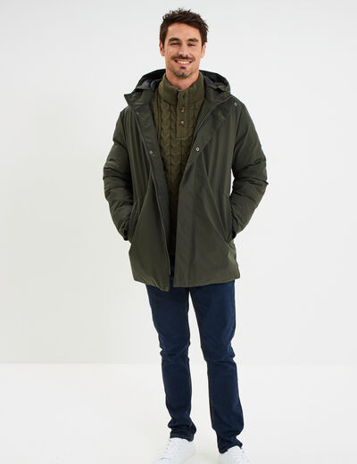 Parka mi-longue &agrave; capuche vert kaki homme