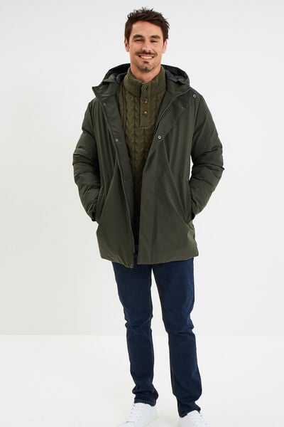 Parka mi-longue &agrave; capuche vert kaki homme