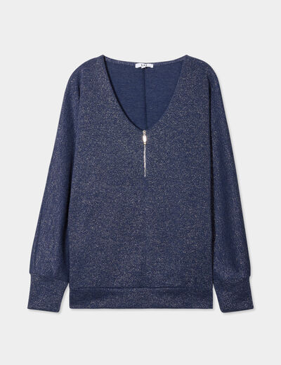 Pull chauve-souris col en V détail zippé bleu foncé femme