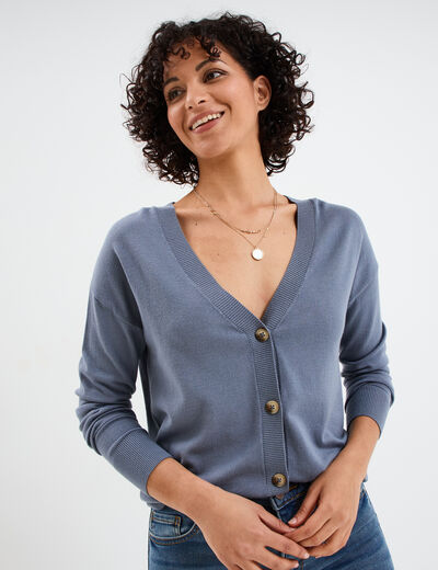 Gilet col en V boutonné bleu gris femme
