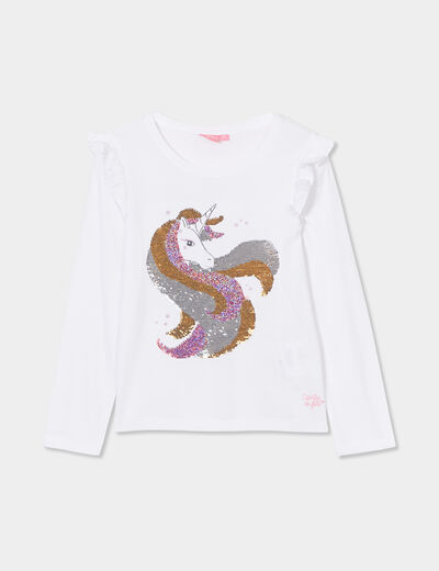 T-shirt à sequins et volants coton ivoire fille