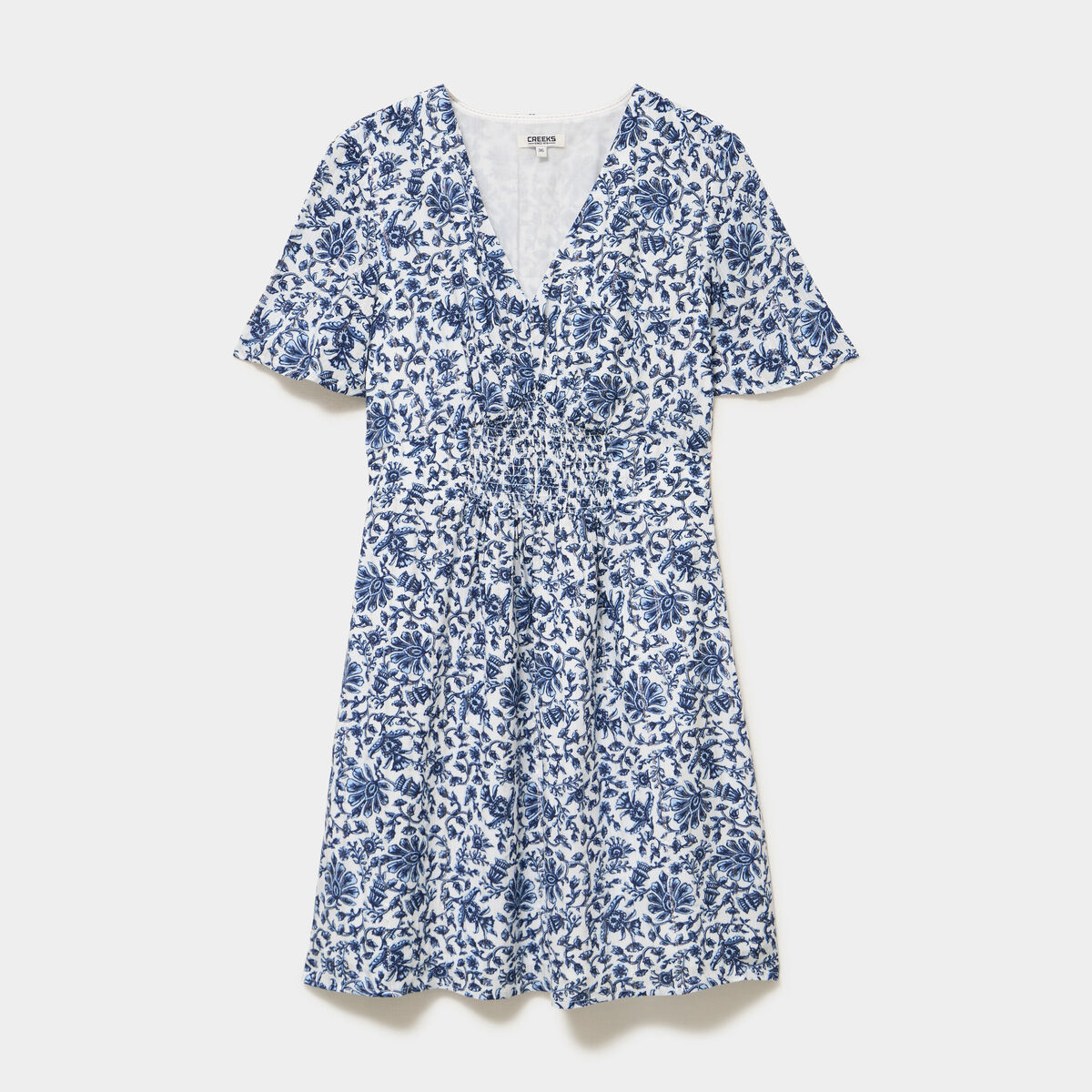 Robe courte col en V taille smock&eacute;e blanc femme