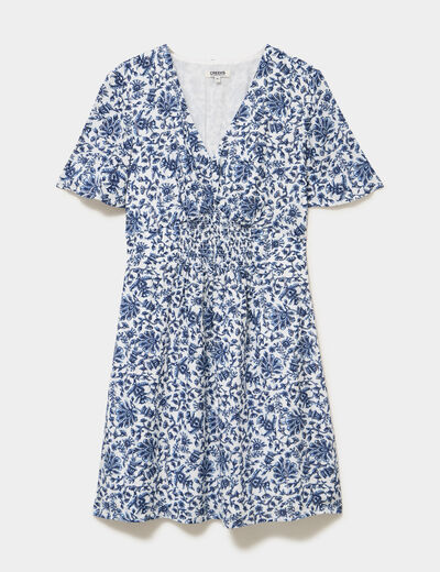 Robe courte col en V taille smock&eacute;e blanc femme