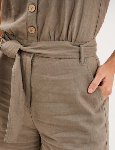 Combishort ceintur&eacute;e lin m&eacute;lang&eacute; vert kaki femme