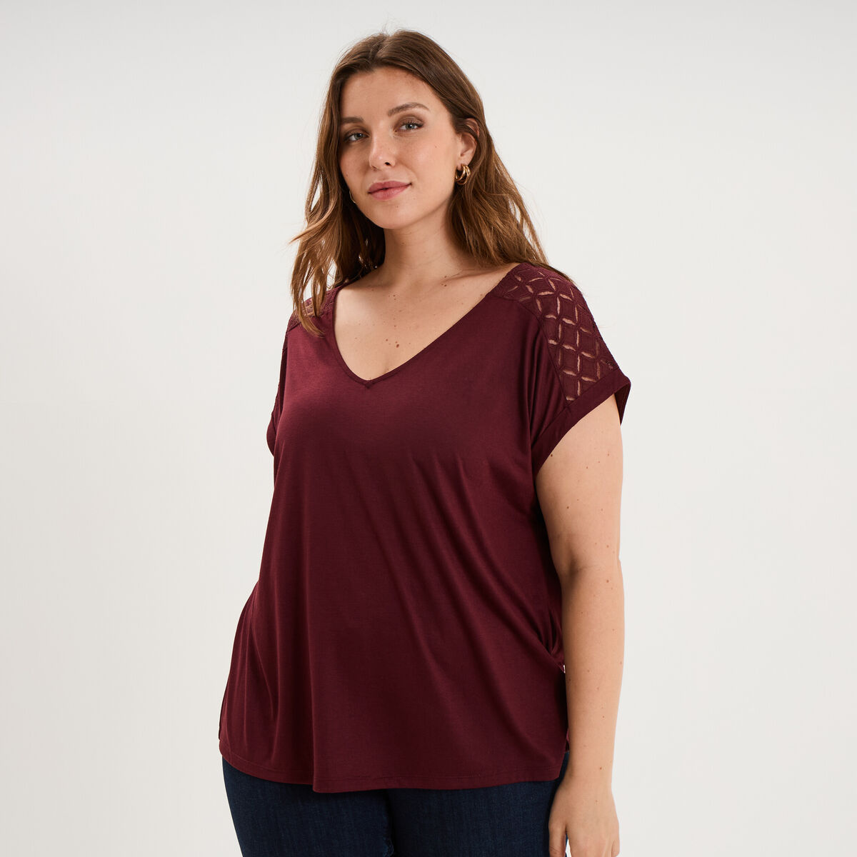 T-shirt droit avec dos dentelle oversize violet fonc&eacute; femme grande taille