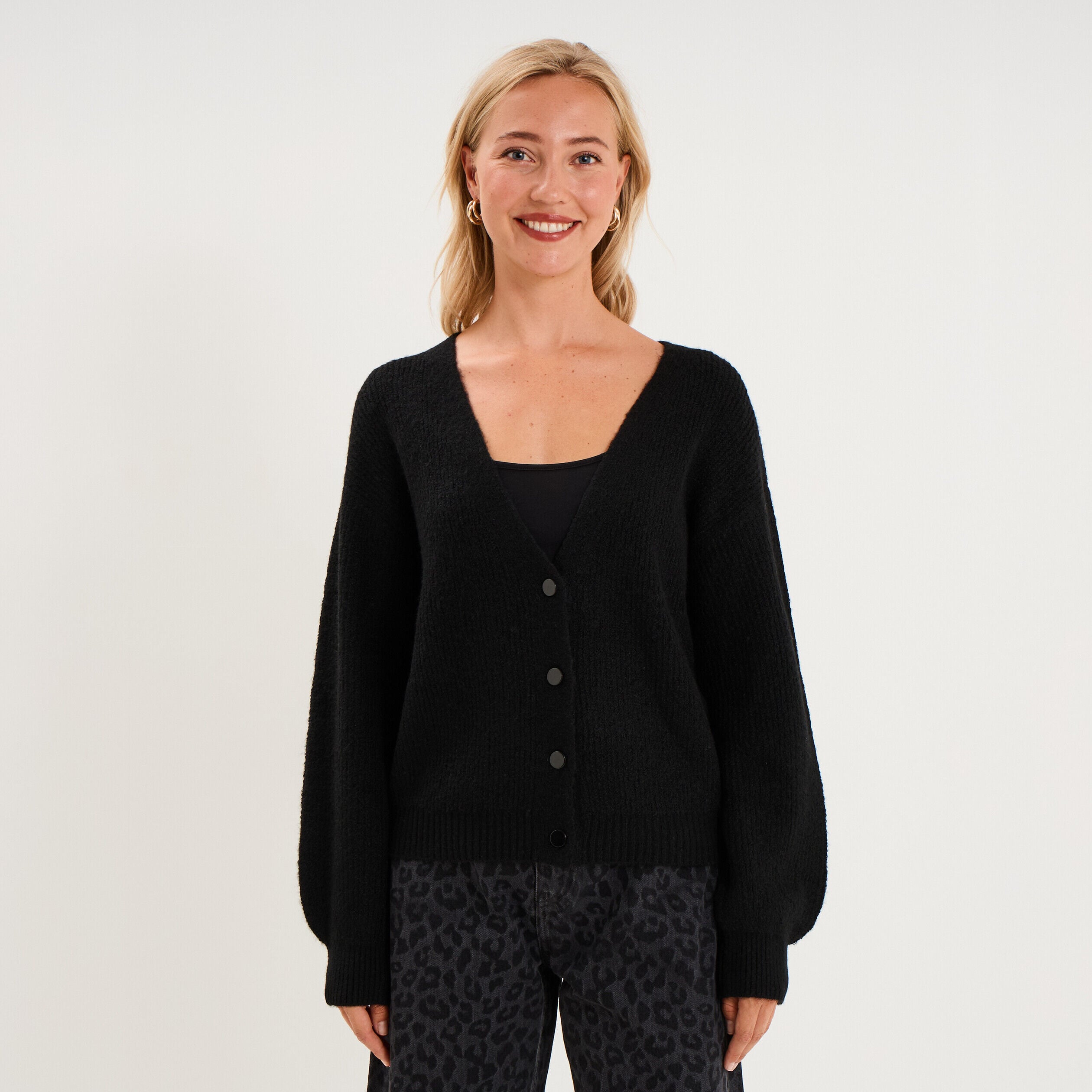 Gilet col en V manches longues ballon noir femme LH
