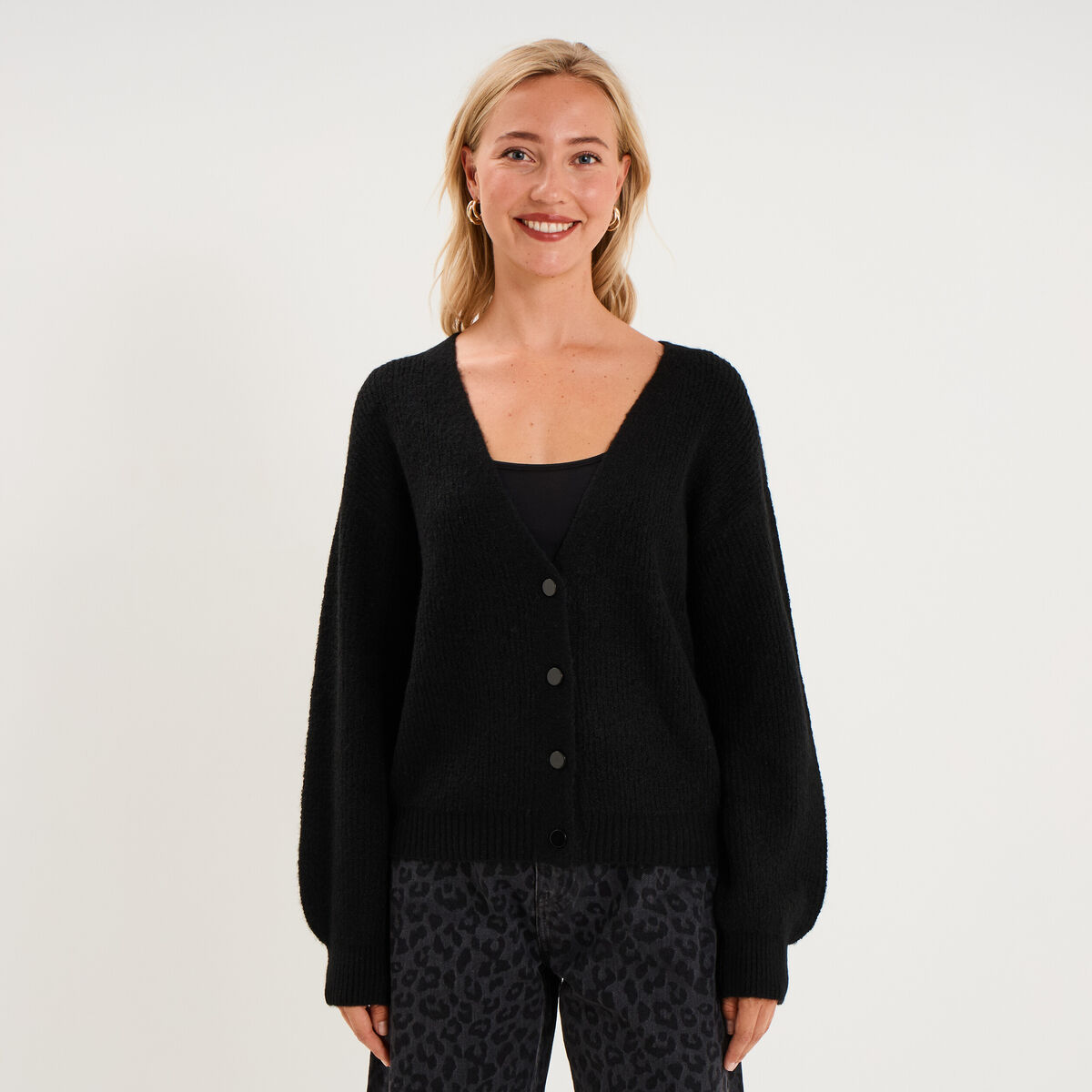 Gilet col en V manches longues ballon noir femme